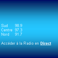 Zone de Texte: 				Sud	98.9Centre	97.3Nord	91.7Accder  la Radio en Direct
