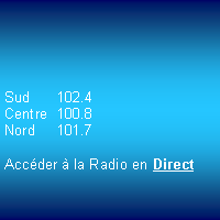 Zone de Texte: 				Sud	102.4Centre	100.8Nord	101.7Accder  la Radio en Direct