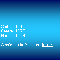 Zone de Texte: 				Sud	106.0Centre	105.7Nord	104.4Accder  la Radio en Direct
